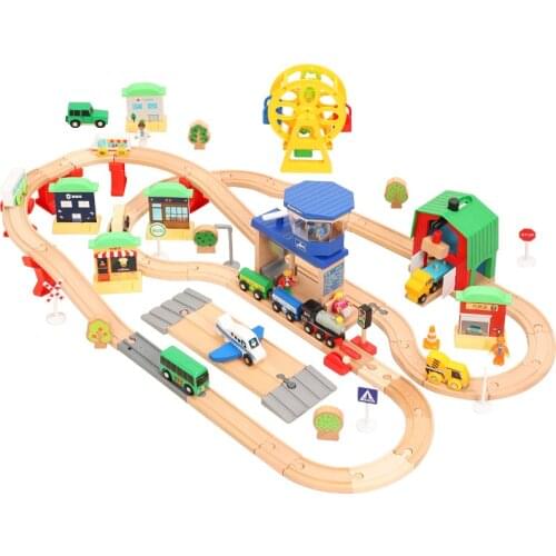 Wooden Scene Track Suit Airport Ferris Wheel Train Track Scene Toy Compatible with Wooden Magnetic Small Train Toys for Kids