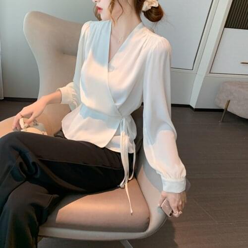 Elegant V-neck Lace-up White Chiffon Blouse 2021 Spring New OL Ladies High Waist Bandage Wrap Blouses Shirt Long Sleeve Tops