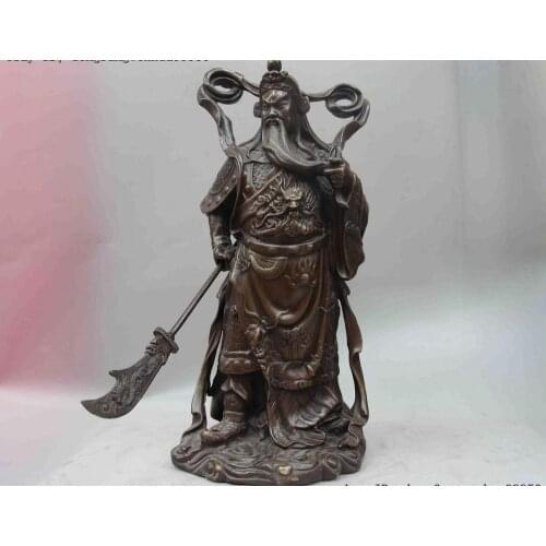 Chinese Copper Bronze Dragon Guangong Guan Gong Yu Warrior God Hold Knife Statue