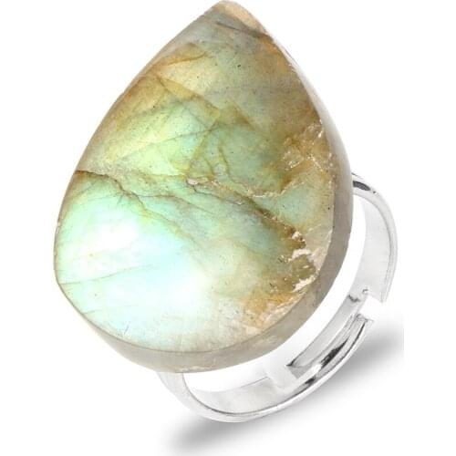 Women Men Natural Flat Labradorite Moonstone Finger Rings Irregular Gem Stone Copper Open Adjustable Joint Ring Jewelry
