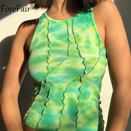 Forefair Tie Dye Print Y2K Crop Top Women 2021 Off Shoulder Green Casual T Shirt Basic Summer Sexy Fashion Tank Tops