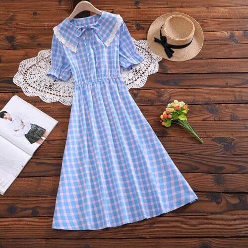 Mori girl cute sweet plaid dress 2020 new arrival japan style summer fashion short sleeve casual midi dress