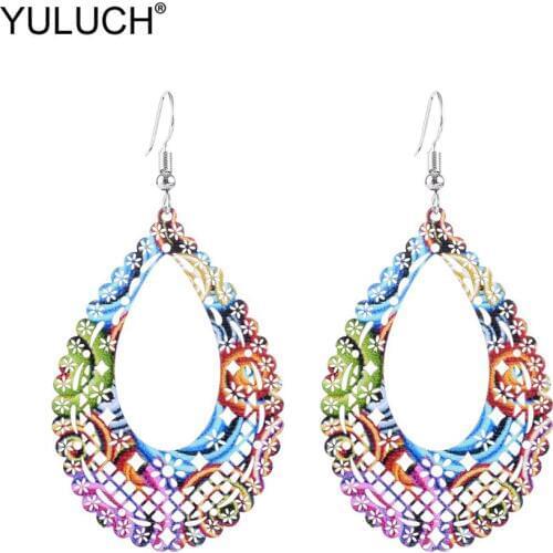 YULUCH Fashion Water Drop Earrings For Women Ethnic Bohemian Boho Hollow Multi Metal Alloy Rainbow Pendant Statement Earrings