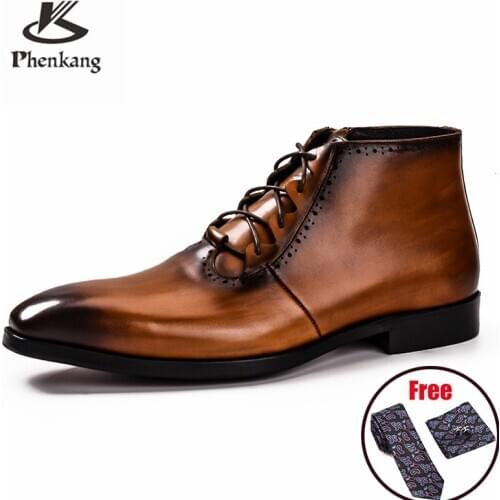 Men winter Boots Genuine cow leather chelsea boots brogue casual ankle flat shoes Comfortable quality lace up dress boots 2020