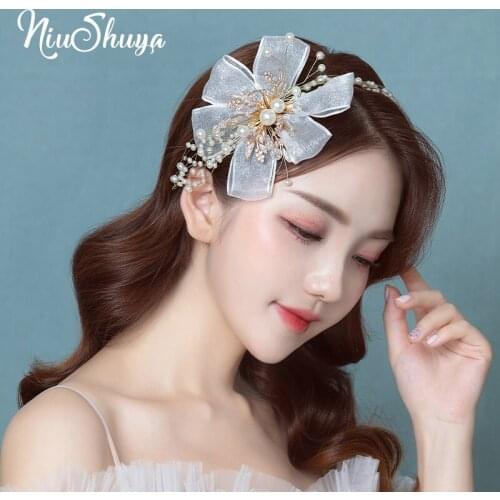 NiuShuya New Bowknot Flower Bridal Headband Fashion Romantic Pearl Wedding Hairband Bride Hair Accessories Headpiece