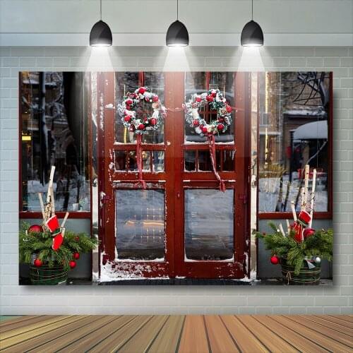 New Year Photography Background Christmas Glass Door Theme Winter Party Props Wreath Pink Christmas Tree Color Backdrop Studio