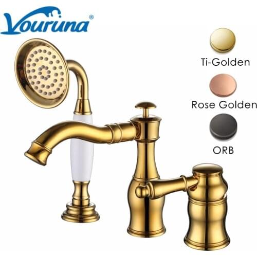 VOURUNA Wholesale Luxurious Golden Widespread Wash Basin Mixer Water Tap 3 holes Bathtub Faucet with pullout side sprayer ORB