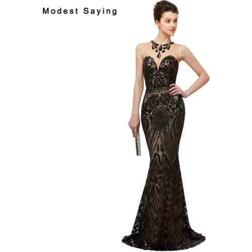 Luxury Black Sexy Sheer Mermaid Floral Sequins Lace Evening Dresses 2018 Illusion Back Party Prom Gowns vestido de festa longo