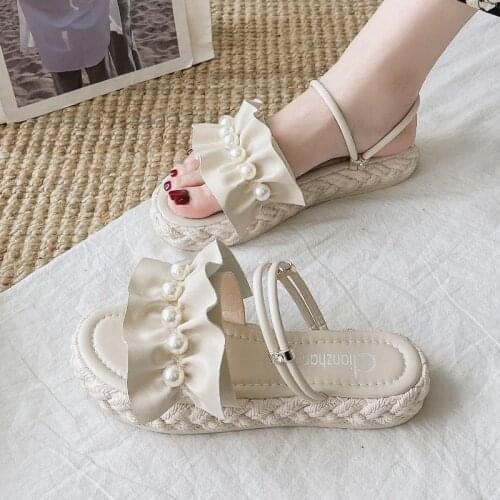 2021 New Summer Bohemian Pearl Modern Sandals Platform Causal Open Toe Soft Non Slid Ladies Beach Shoes Flat Sandalias Mujer