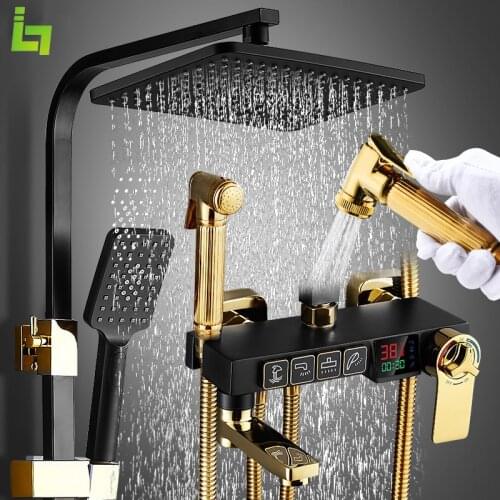 Black Display thermostatic Shower Faucet Set Gold Rainfall Shower Mixer Tap Bathtub Shower Mixer Tap Long Spout Shower Mixe