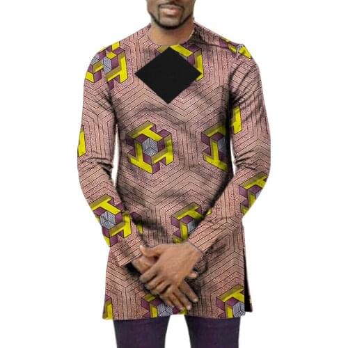 Geometry Patchwork Mens Print Shirt Long Sleeve Dashiki Tops Custom Made Modern Design African Occasion Wedding Clothes