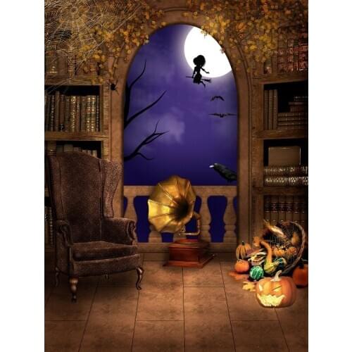 VinylBDS Door Photography Backdrop Pumpkin Halloween Kids Backdrops Moon Newborn Photography Props With Wood Chair