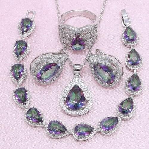 New Arrivals Multicolor Cubic Zirconia Silver Color Jewelry Sets Women Bracelet Earrings Necklace Ring Wedding Christmas Gift