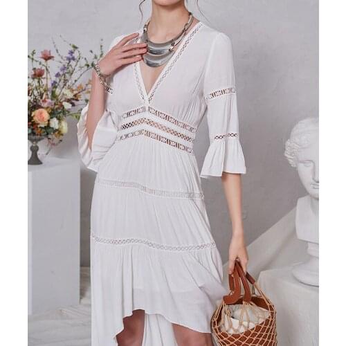 Women Dress 2020 Early Spring / Summer New Style Embroidered Hollow Out V-neck Asymmetrical Midi Dress