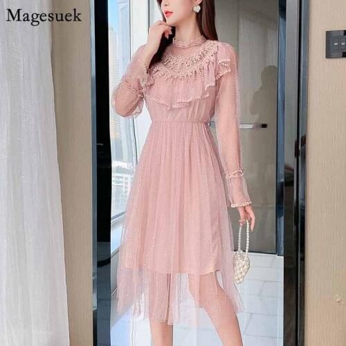 Stand Collar Sweet Korean Mesh Ruffled Women Dress White Long Sleeve Women Lace Dress Autumn A-line Naturl Waist Dress 12030