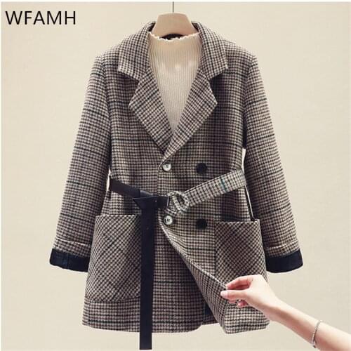 Winter Retro Houndstooth Waistband Woolen Coat Women 2020 New Fashion Korean Thicken Blazers Suit Wool Jacket Female Overcoats
