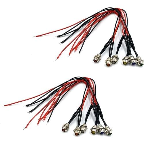 10Pcs 3V 5V 6V 9V 12V 24V Diffused 3mm LED With Metal Holder Header and 20cm Red&Black Wire White Red Blue Green Yellow