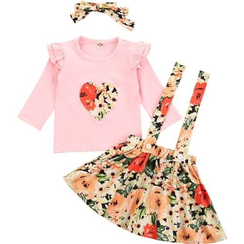 2021 Toddler Girl Clothes Children Lng Flying Sleeve Heart Printed Shirt Straps Skirt Headband Baby Clothing Set