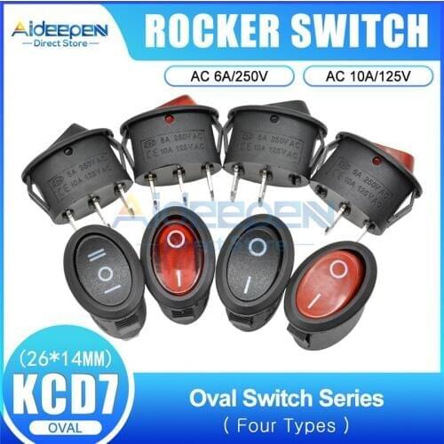 5Pcs/lot KCD7 Oval Push Button Rocker Switch 6A/250V 10A/125V 26x14mm Rocker Switch ON-OFF-ON 3 Position 2/3 Pin With LED Light