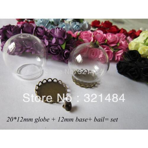 50set glass bottle vials pendants jewelry making 20*12mm globe&12mm antique bronze lace bezel blank setting base&caps finding