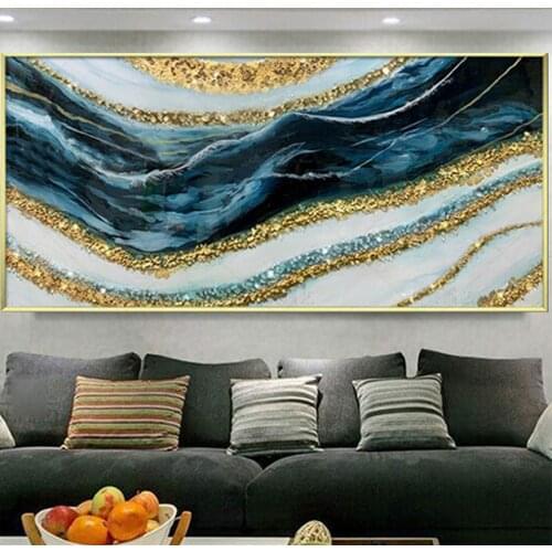 Blue golden abstract lines large diy 5d diamond painting full square round drill mosaic embroidery kits wall decoration AA2797