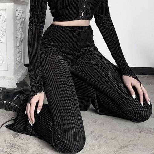 Ribbed Flare Trousers Women Stretch Bell Bottom Suede Wide Leg Pants Elegant Punk Gothic Female Palazzo High Waist Office Lady