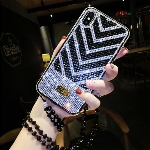 Luxury Fashion Bling Diamond Stripe Soft Case Cover With Crystal Neck Chain For iPhone 12 Mini 11 Pro XS Max XR X 8 7 6 6S Plus