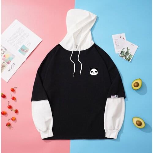 Black White Patchwork Women Casual Hoodies Cartoon Print Harakuju Hooded Sweatshirts 2021 Summer Plus Size Kawaii Cute Clothing