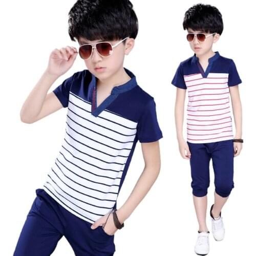 Childrens Wear New Boys Summer Cowboy Brought Suit Kids Campaign Suit New Fashionable Stripe Short Sleeve T Shirt + Pants