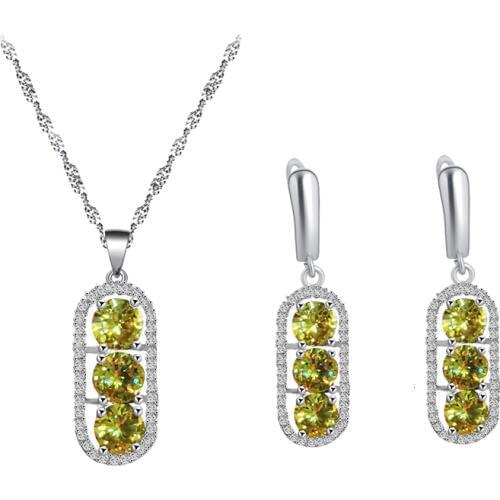 Yellow Round 925 Sterling Silver Zircon Earrings Necklace Pendant Jewelry Elegant Daily Set JS841