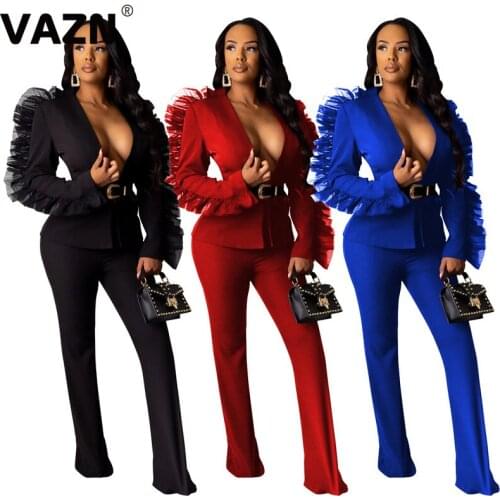 VAZN SD9182 Elegant Fashion England Coat Party Full Sleeve Long Pants 2019 Casual Sexy Club Women Sexy High 2 piece Women Set