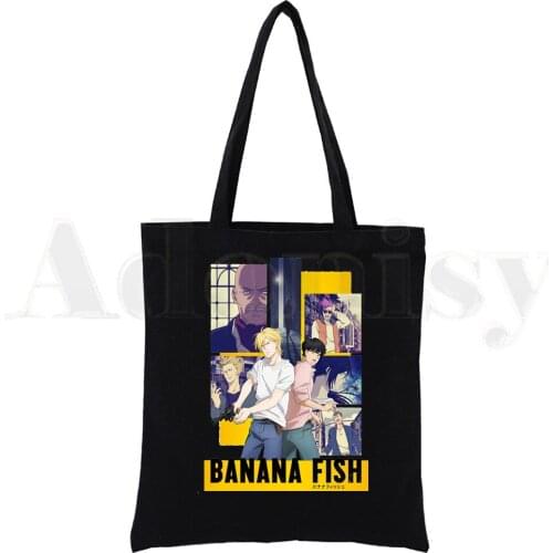 Anime Banana Fish Graphic Cartoon Anime Harajuku Black Canvas Print Shopping Bags Girls Fashion Life Casual Pacakge Hand Bag