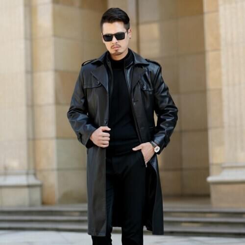New Autumn Winter Mens Vintage PU Leather Warm in winter Lapel Jacket Black Trench Coat Motorcycle Casual 2 in 1 Long Overwear