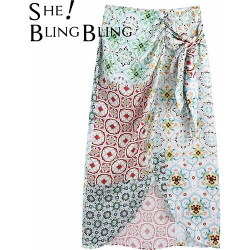 SheBlingBling Za 2021 Summer Print Casual Holiday Beach Women Midi Skirt Ruched Draped Lace-Up High Waist Irregular Hem Skirt