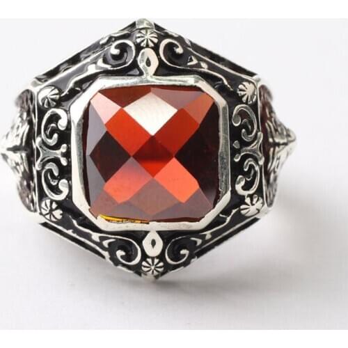 Handmade Red Zircon Man Silver Ring, Rhodium Plated 925 Silver Ring