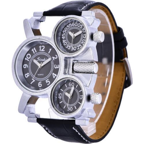 Wholesale Mens High Quality Synthetic Leather Wristwatch Men Three Movement Watches Blak Men Sport Three Time Zones Watch