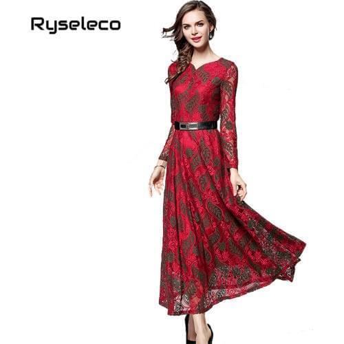 2018 Fall Winter Long Sleeve Lace Dress Work Casual Slim Work Women Party V-neck Sexy Cutout Big Swing Quality Chic Maxi Vestido