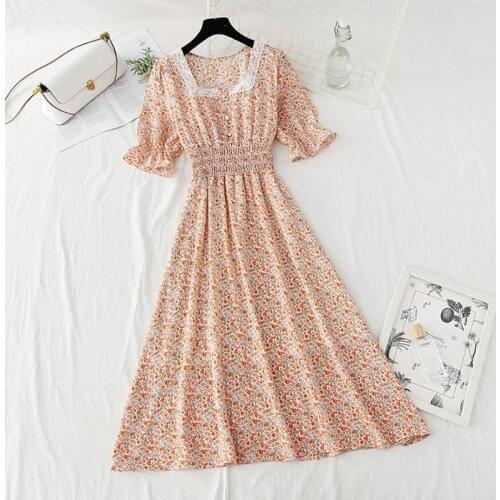 Elegant Ruffle Women Short Sleeve Floral Dress Vintage Square Neck Elastic waist Print Chiffon Long Dresses 2021 Summer Dress