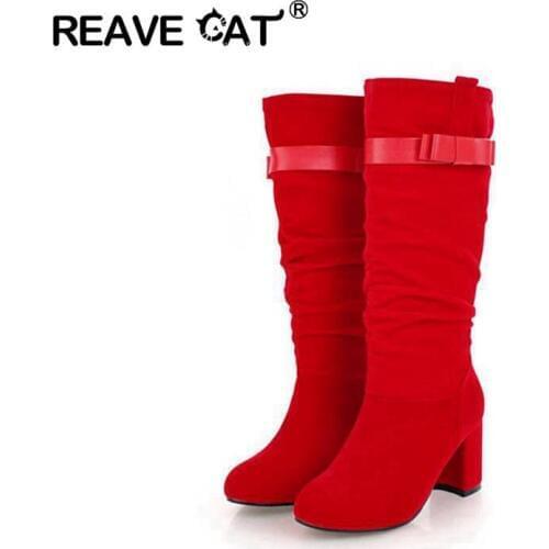 REACE CAT Women Mid-Calf Boots Round Toe Square Thick Heel Flock Bukle Pleated Pull On Warm Big size 31-43 Black Blue Casual