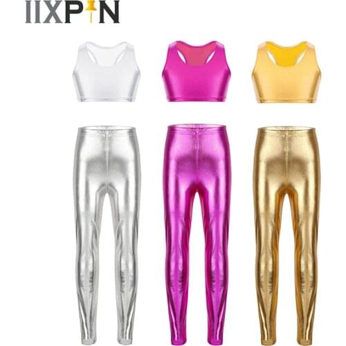 Kids Girls High Waist Yoga Pants Jazz Dance Tops Pants Push Up Bright Leggings Gym Workout Fitness Trousers Slim Ballet Pant Set