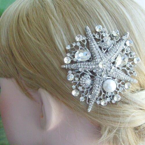 Wedding Headpiece Clear Rhinestone Crystal Starfish Hair Comb FSE06412C1