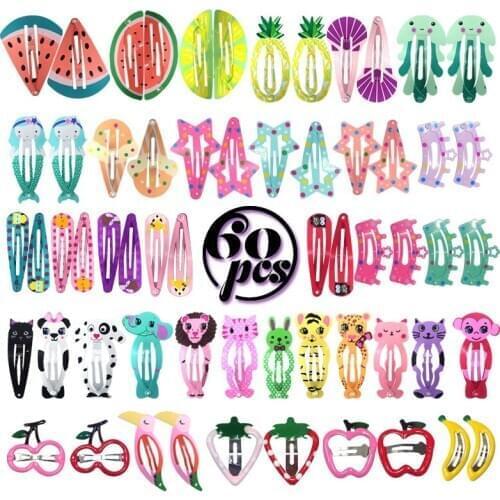 60pcs Mix Color Animal Fruit Star Crown Hairgrip Hair Clip Snap Hair Clips for Children Girls Hair Accessories Women JXN006
