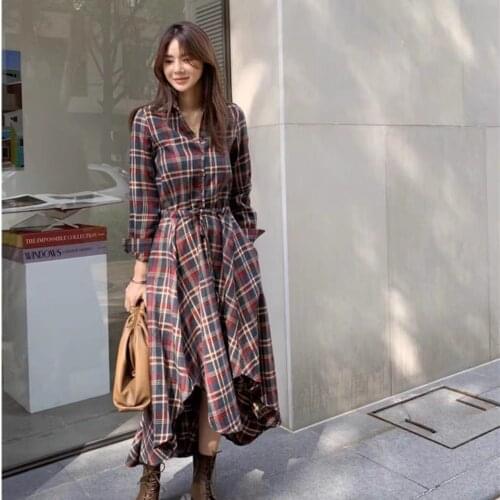 2021 Autunm New Korean Long Sleeve Turn Down Collar Women Office Ladies Lace Up Elastic Waist A Line Irregular Midi Casual Dress