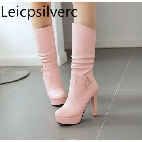 Womens Boots New winter fashion zipper Crystal High heel Middle tube Womens shoes plus size 34-43 Heel Height 11.5cm black