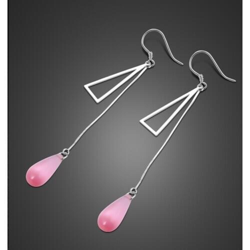 New Fashion Punk SimpleRose gold Earrings Woman 100% 925 sterling silver Long Section Tassel Pendant Pink crystal Earrings