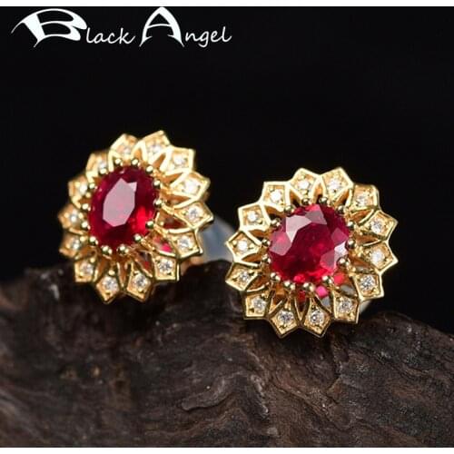 BLACK ANGEL 925 Silver Luxury Ruby Red Tourmaline Gemstone Flower Shaped Stud Earrings For Women Fashion Jewelry Christmas Gift