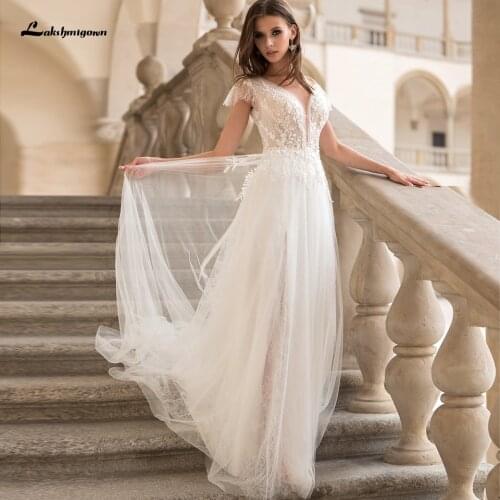 Abendkleider 2021 Backless Short Sleeve Lace Wedding Dress Beach Summer Vestidos Vintage Boho Bridal Wedding Gowns V-neck