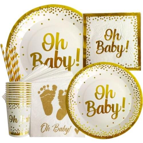 Gold Disposable Tableware Oh Baby Paper Plates Cups Napkins Birthday Party Cutlery Baby Shower Gender Reveal Supplies
