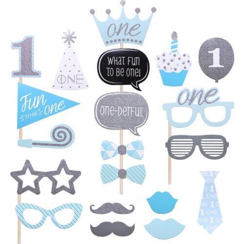 20pcs/set 1 Year Old Birthday Party Photo Props Masks Glasses Hat Mustache Baby Shower Birthday Party Photo Booth Decor Supplies