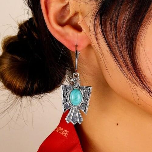 2021 Wholesale Bird Eagle Drop Earrings Bohemian Carved Retro Eagle Turquoise Dangle Earrings for Women